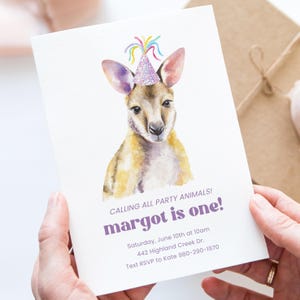 Faire-part d'anniversaire kangourou, faire la fête Corjl modifiable, aquarelle Roo avec chapeau de fête, modèle mignon premier anniversaire