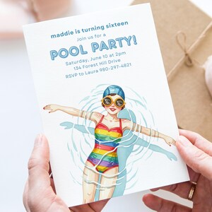 Pool Party Invite Canva Template, Girl Birthday Invitation, Summer Swim Party, Printable Digital Invite, Editable Template