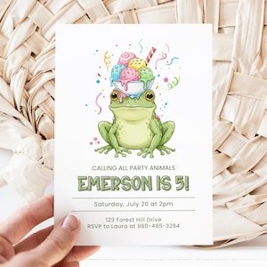 May include: A white invitation card with a cartoon frog holding a bowl of ice cream. The text "CALLING ALL PARTY ANIMALS" and "EMERSON IS 5!" is displayed in green. The card also includes the date, time, and RSVP details.