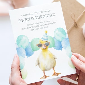 Verjaardagsuitnodiging eend met zonnebril | Leuke uitnodiging voor een aquarelfeestje | Bewerkbare sjabloon voor kinderen