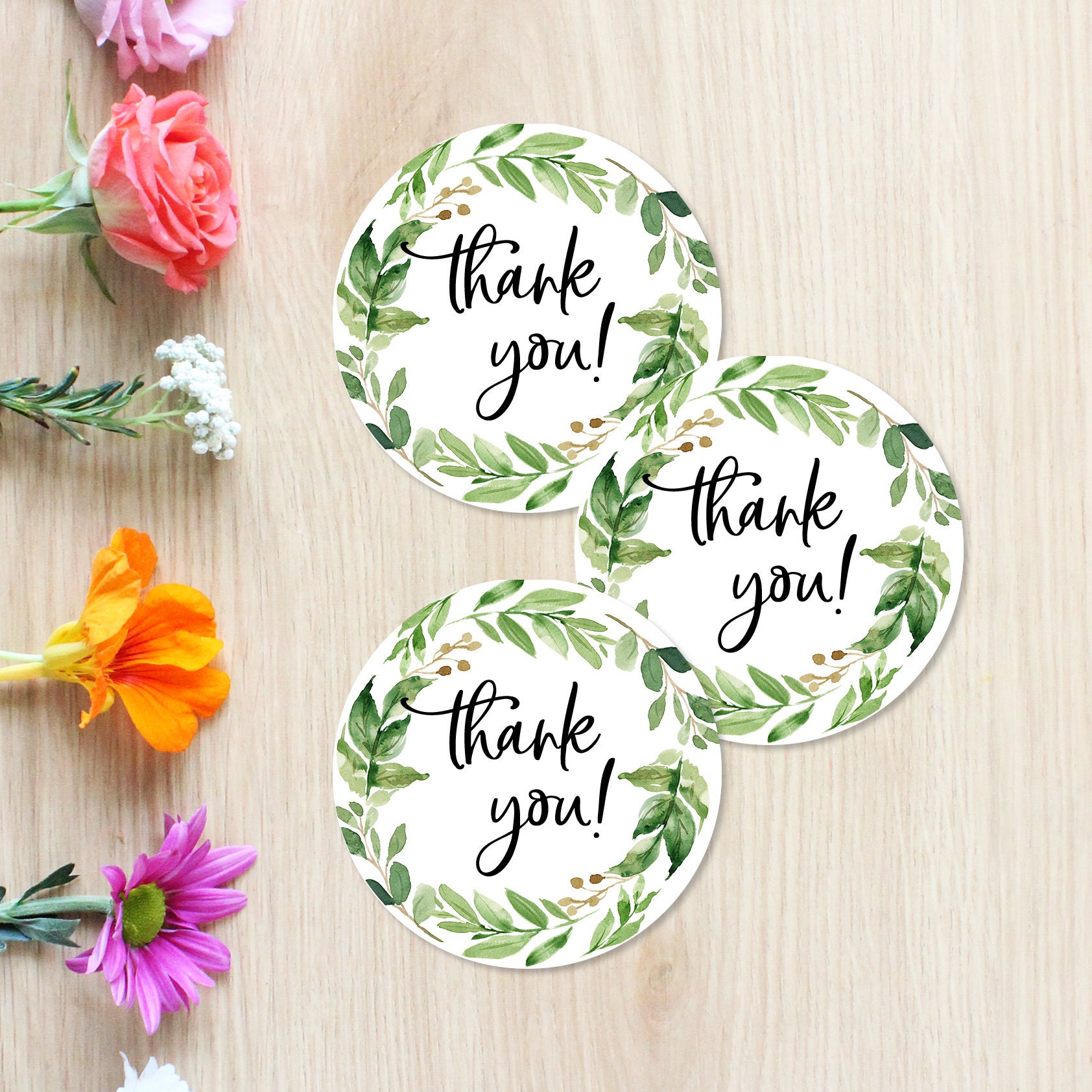 Printable Thank You Stickers, Tags, Printable Baby Shower Stickers, Greenery Green Leaf Green Wreath, Thank You Stickers, 70J