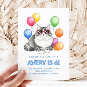 クールな猫の誕生日パーティーCanva招待状テンプレート、風船を持った子猫、編集可能な招待状、かわいいペットパーティーの印刷可能なデジタル