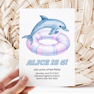 Dolphin Birthday Canva Invitation Template, Pool Party Invite, Customizable Kids Party Card, Editable Digital Template, Watercolor Design