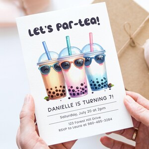 Plantilla de invitación de cumpleaños de Boba Tea en Canva, linda invitación para fiesta, fiesta de té de burbujas, tarjeta de invitación personalizable, imprimible