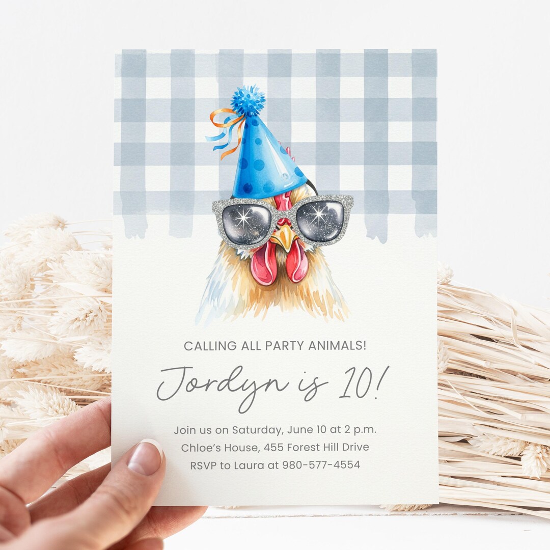 Funny Chicken Birthday Canva Invite Template, Party Animal Card, DIY ...