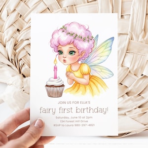 Fairy First Birthday Canva Invite Template, Girl Birthday Party, Watercolor Fairy Invite, Editable Digital Invitation, Party Printable