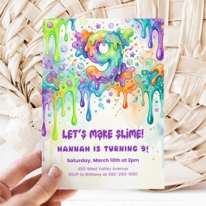Slime Party Invitation, 9th Birthday Invite, Editable Canva Template, Rainbow Slime Party, Watercolor Drippy, Glitter Slime, Digital