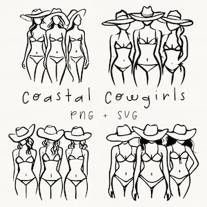 Coastal Cowgirl Bachelorette Clipart | 4 Minimal Line Art Doodles | Girls in Bikinis with Cowgirl Hats | For Party Decorations & Invitations