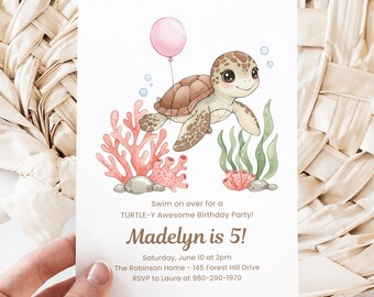 Turtle Birthday Canva Invite Template, Under The Sea Party, Watercolor Turtle Invite, Cute Animal Birthday, Editable Digital Invitation