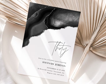 Birthday Invitation Template, Any Age! Editable CORJL Invite Template, Black and Silver Agate, Boho Modern Minimal, Thirty Invite, AG001