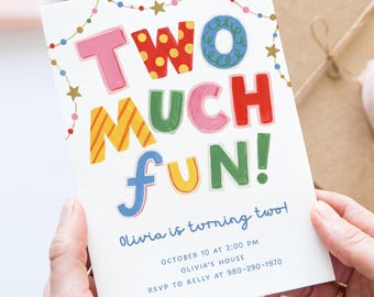 Two Much Fun Birthday Canva Invite Template, Editable 2nd Birthday Invitation, Colorful Toddler Second Bday Party Invite, Digital Download