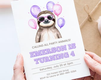 Modello di invito per compleanno di bradipo su Canva, modello personalizzabile per animali da festa, invito per compleanno bambini, download digitale, modifica e stampa
