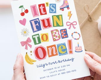 Fun To Be One Birthday Invitation Canva Template, Retro Cutout 1st Birthday Invite, Colorful Magazine Collage First Birthday Party