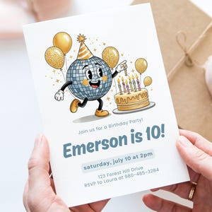 Modelo de convite de aniversário discoteca no Canva, convite para festa descolado, cartão comemorativo editável, modelo divertido e personalizável no Canva