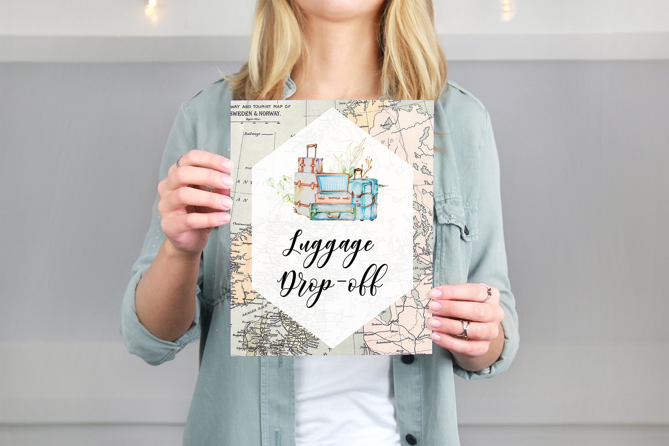 Travel Theme Baggage Claim Sign PRINTABLE 8x10 Digital File Vintage Map Bridal Shower Favors Adventure Awaits Passport Stamps Wedding Baby