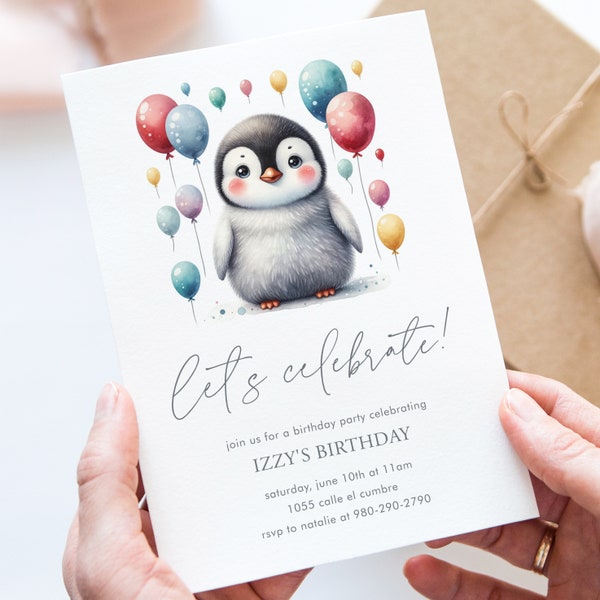 Pinguin-Geburtstagsfeier-Einladungsvorlage, druckbare bearbeitbare Einladung, CORJL-Vorlage, waddle on over, Winter-Geburtstagsfeier-Einladung, silberner Schnee