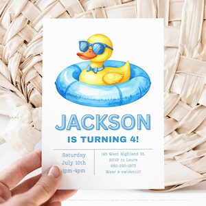 Duck Birthday Canva Invite Template, Pool Party Invite, Kids Birthday Party, Summer Birthday, Water Theme, Boy Birthday, Editable