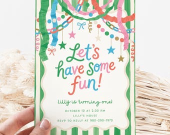 Fun 1st Birthday Canva Invite Template, Playful Streamers First Birthday Invitation, Whimsical Garland Kids Party Invite Digital Download
