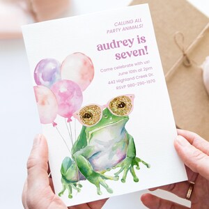 Frog Birthday Invitation • Funny Girl Party Animal Invite with Balloons & Glitter Glasses • Editable Green Frog Kids Party Template