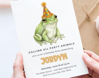 Frog Birthday Canva Invite Template, Party Animal Invitation, Cute Green Frog, Editable Birthday Invite, Kids Birthday, Printable