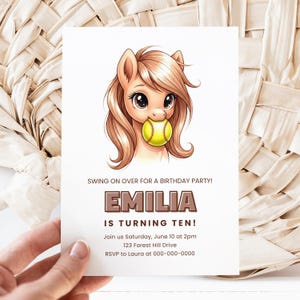 May include: A birthday party invitation featuring a cartoon pony with flowing brown hair, holding a yellow softball in its mouth. The invitation includes the name "EMILIA" and the text "IS TURNING TEN!" with event details.