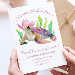 Invitación de cumpleaños "Let's Shellabrate", invitación para fiesta de vaquera y tortuga, plantilla de cumpleaños submarina del oeste