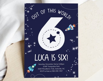 Outer Space 6th Birthday Invitation Template Out of This World, Blast Off Invitation, Boys Birthday, Rockets Stars, Printable Editable Corjl