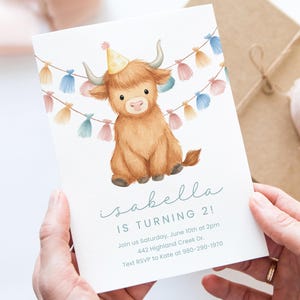 Faire-part d'anniversaire vache Highland, invitation fête animaux de la ferme mignon, modèle modifiable Corjl, Bash bambin fille ou garçon, téléchargement immédiat, pastel