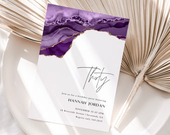 Birthday Invitation Template, Any Age! Editable CORJL Invite Template, Purple and Gold Agate, Boho Modern Minimal, Thirty Invite, AG004