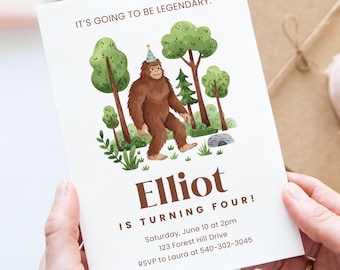 May include: White invitation card with a brown Bigfoot illustration wearing a party hat, surrounded by trees and greenery. Text reads "It's going to be legendary." and "Elliot is turning four!" with event details.