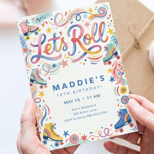 Let's Roll Skater Birthday Invite, Retro Roller Skate Party Canva Template, Pastel 10th Birthday Invitation, Editable Digital Download