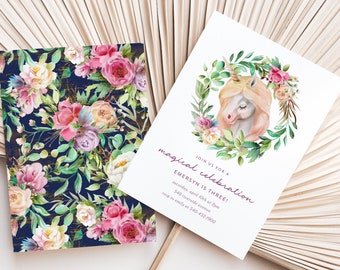 Unicorn Birthday Invitation Template, Printable Editable Invite, Purple and Pink Unicorn, Navy Blue Floral, DIY Digital Template, Magical