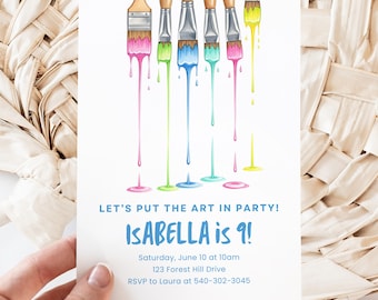 Art Party Canva Invite Template, Paintbrushes Invitation, Painting Birthday, Colorful Art Theme Party, Printable Art Template
