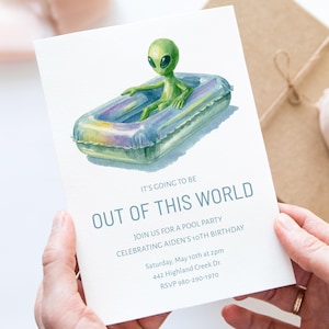 Alien Pool Party Invitation, Out of This World Birthday Invite, Editable Space Themed Party Template for Kids
