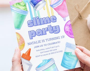 Slime Party Canva Invite sjabloon, verjaardagsuitnodiging, verjaardagsfeestje meisje, aquarel slijm, aanpasbare uitnodiging, digitale download