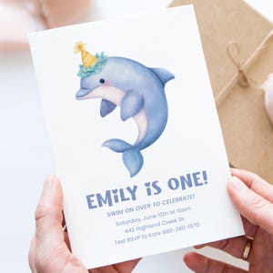 Dolphin Birthday Invitation, Editable Corjl Under the Sea Party Invite, Cute Dolphin in Hat, First Birthday Girl Template