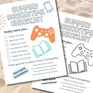 Checkliste für die Sommer-Bildschirmzeit, bearbeitbare Canva Printable, Kids Chore Chart, digitaler Download, Routine Chart, Schwarz-Weiß-Option