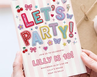 Let's Party Retro Patch Letter Birthday Canva Invite Template, Preppy Pastel Girls Birthday Invitation, Editable 5x7 Party