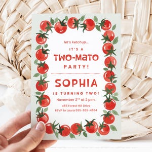 Plantilla de Canva para invitación de cumpleaños de Two-mato, invitación para segundo cumpleaños, invitación para fiesta de tomates, plantilla editable de Canva, cumpleaños infantil