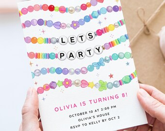 Friendship Bracelet Birthday Invitation, Canva Invite Template for Girls Party, Beaded Lets Party Editable Tween Birthday Invite