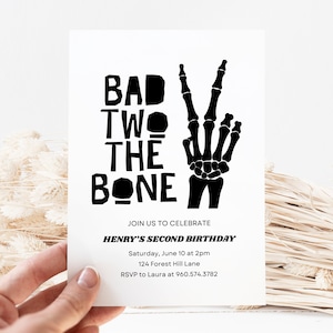 Bad Two The Bone Invite, 2nd Birthday Canva Template, Skeleton Hand Party, Spooky Second Bday, Editable Invitation, Instant Download