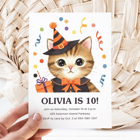 Cute Cat Halloween Birthday Canva Invite Template, Costume Kitty