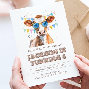 Modèle d'invitation d'anniversaire vache, invitation sur toile animaux de la ferme, célébration fête d'enfants, imprimable, téléchargement numérique, carte modifiable