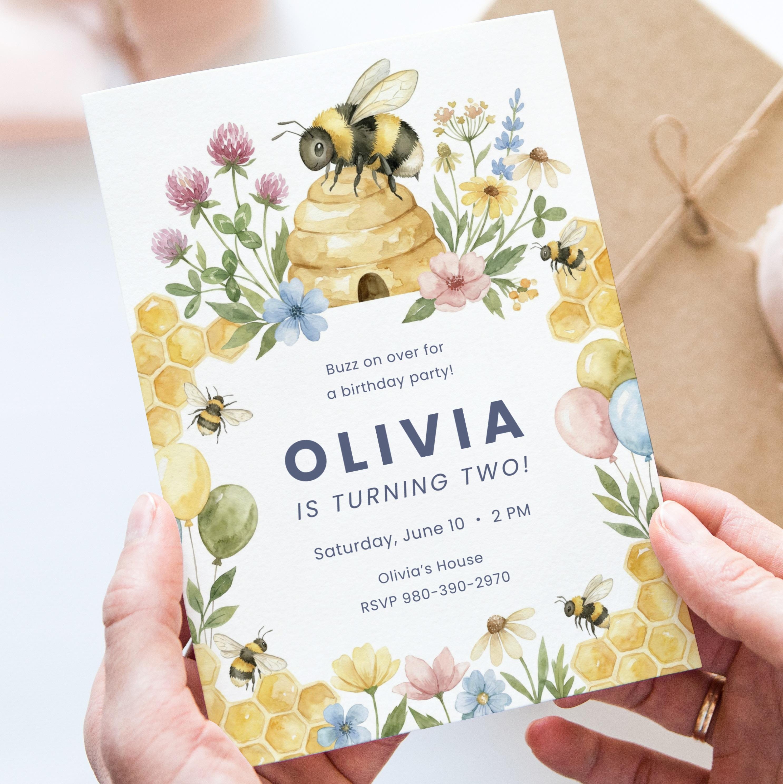 Editable Honey Bee Birthday Invitation Canva Invite Template ...