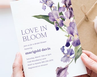 Purple Iris Bridal Shower Invitation Template, Love in Bloom Invite, Printable Editable Digital Download Spring Floral Garden Party Wedding