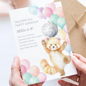 Convite de aniversário de panda vermelho, convite para festa de animais disco, modelo editável de aniversário infantil com balões e bola de glitter