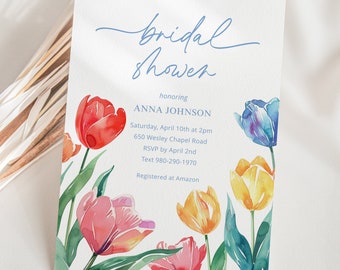 Modèle d'Invitation pour la douche nuptiale tulipes colorées Imprimable en téléchargement numérique modifiable Tulipe florale printanière Marché printanier Garden Party Mariage