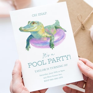 Invitación divertida para fiesta en la piscina con caimanes, invitación editable de cumpleaños con caimanes, plantilla de fiesta de verano de Corjl, fiesta en la piscina de Snap para niños