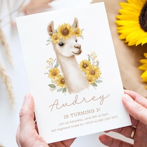 d'anniversaire de lama tournesol | Faire-part fille neutre rustique | Modèle Corjl modifiable | Anniversaire des animaux de la ferme à imprimer