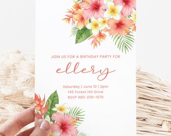 May include: White invitation card with watercolor floral arrangements of pink, yellow, and orange flowers and green leaves. Text reads "JOIN US FOR A BIRTHDAY PARTY FOR ellery" with event details: Saturday, June 10, 2pm, 145 Forest Hill Drive, RSVP 980-290-1970.
